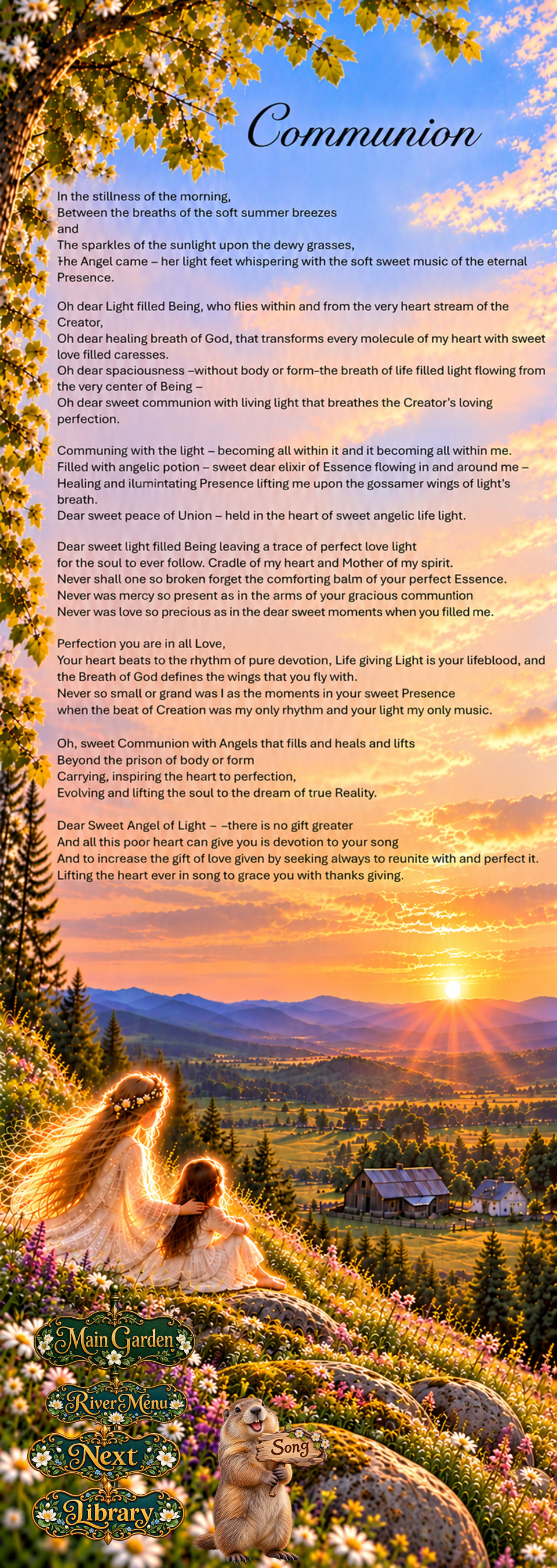 Communion, an illustrated contemplative poem by Kamal Rani, above a radiant garden valley at sunrise with angelic figures and garden navigation signs.
