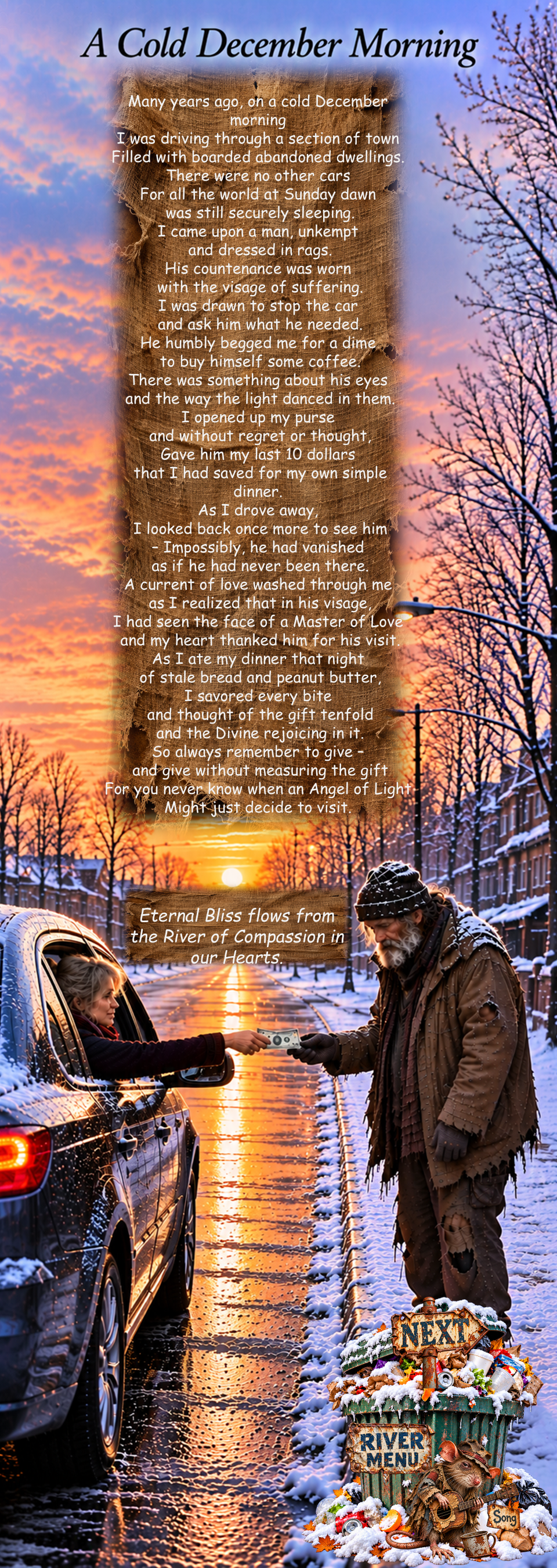 A Cold December Morning, a poem by Kamal Rani illustrated with a winter street and an encounter between a woman and a stranger
