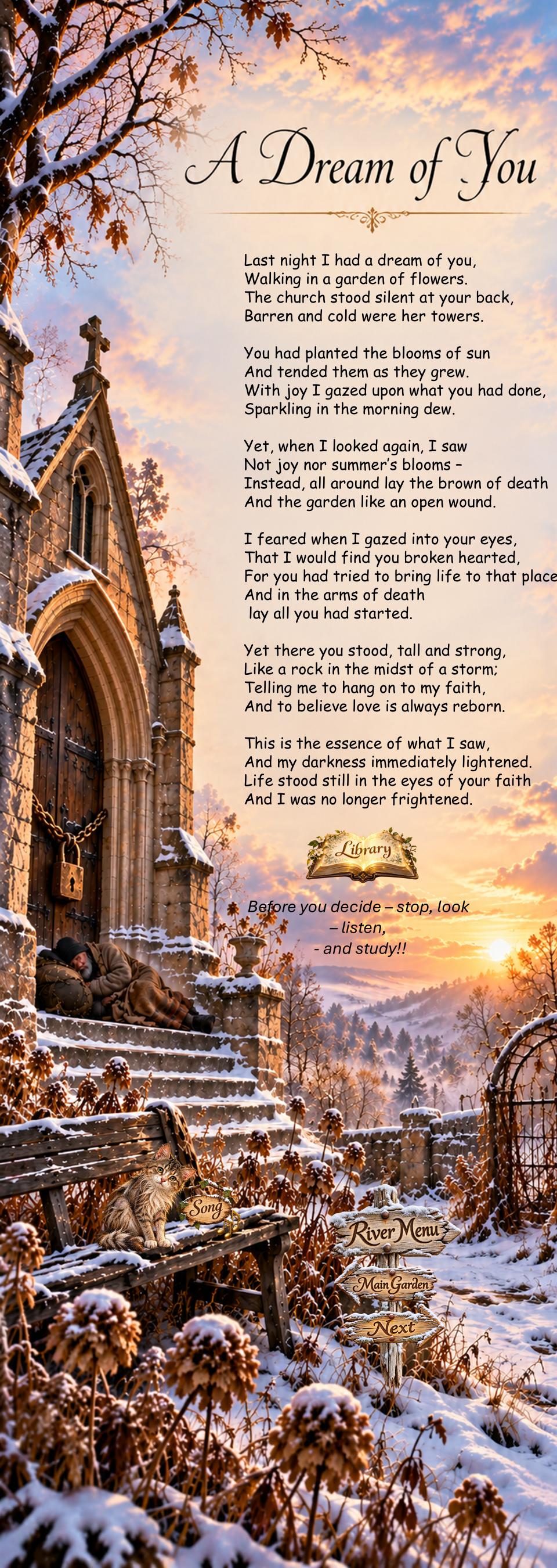 A Dream of You, a poem by Kamal Rani, presented in a snowy garden beside a church at sunrise.