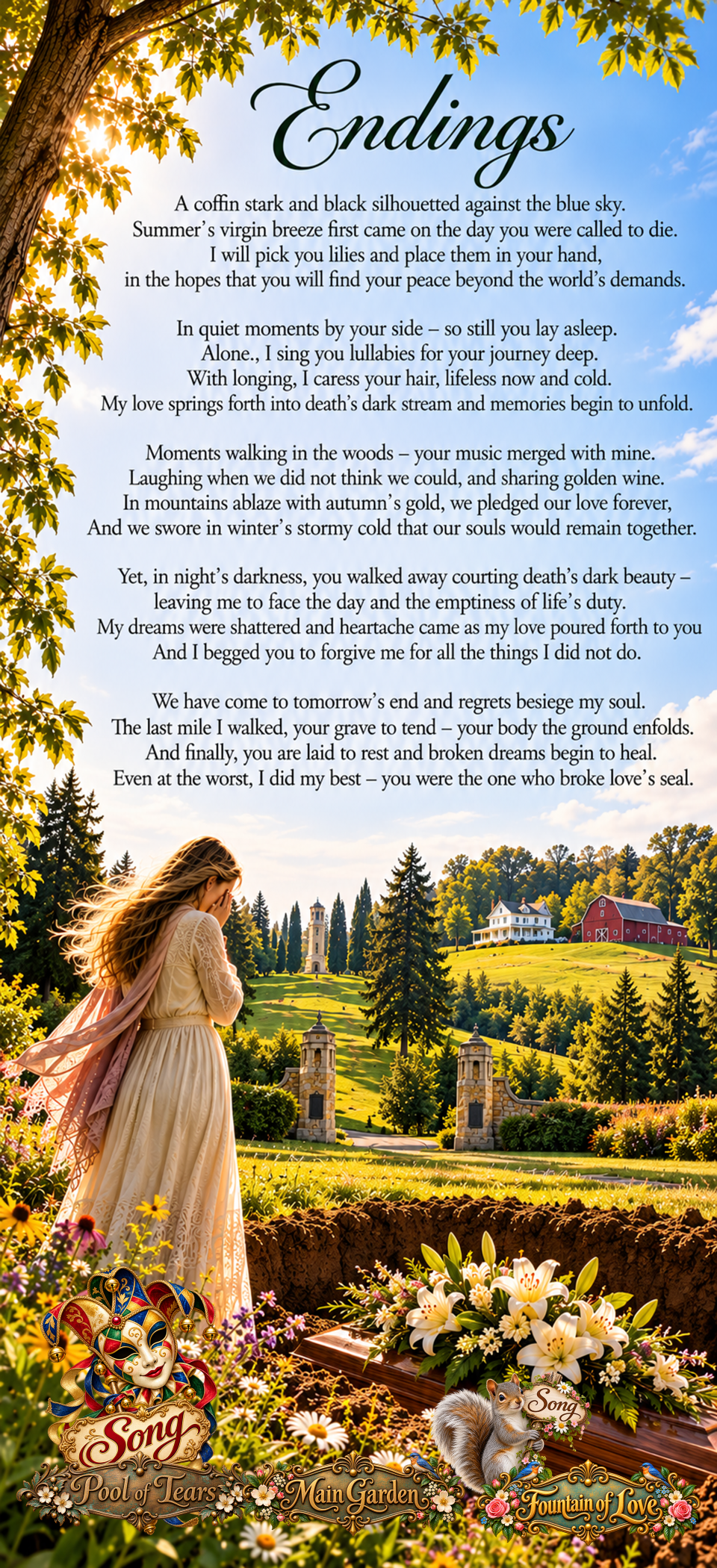 Endings, a poem by Kamal Rani, illustrated with a grieving woman beside a flower-covered coffin in a sunlit landscape.