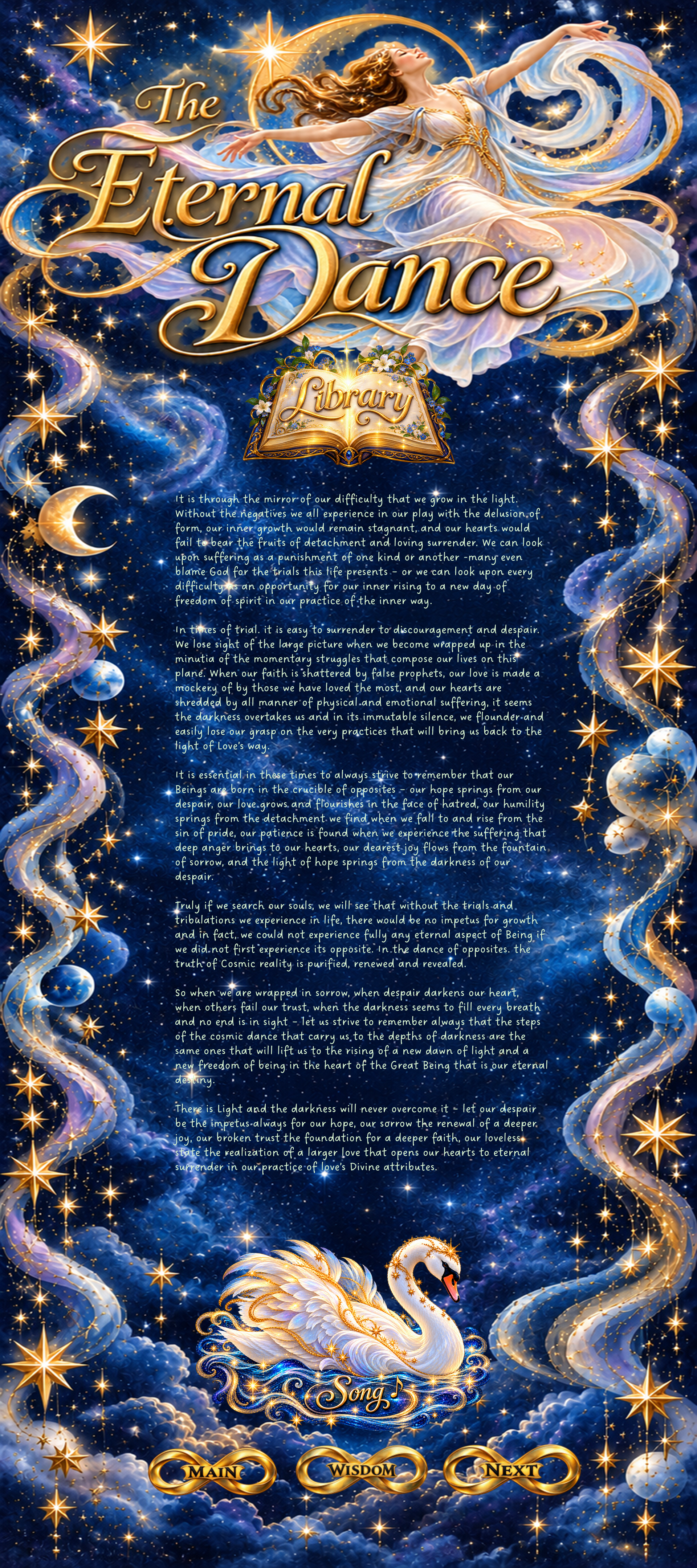 A celestial composition titled The Eternal Dance, with a golden dancer, contemplative essay, illuminated Library book, white Song swan, stars, clouds, ribbons, and golden navigation icons.