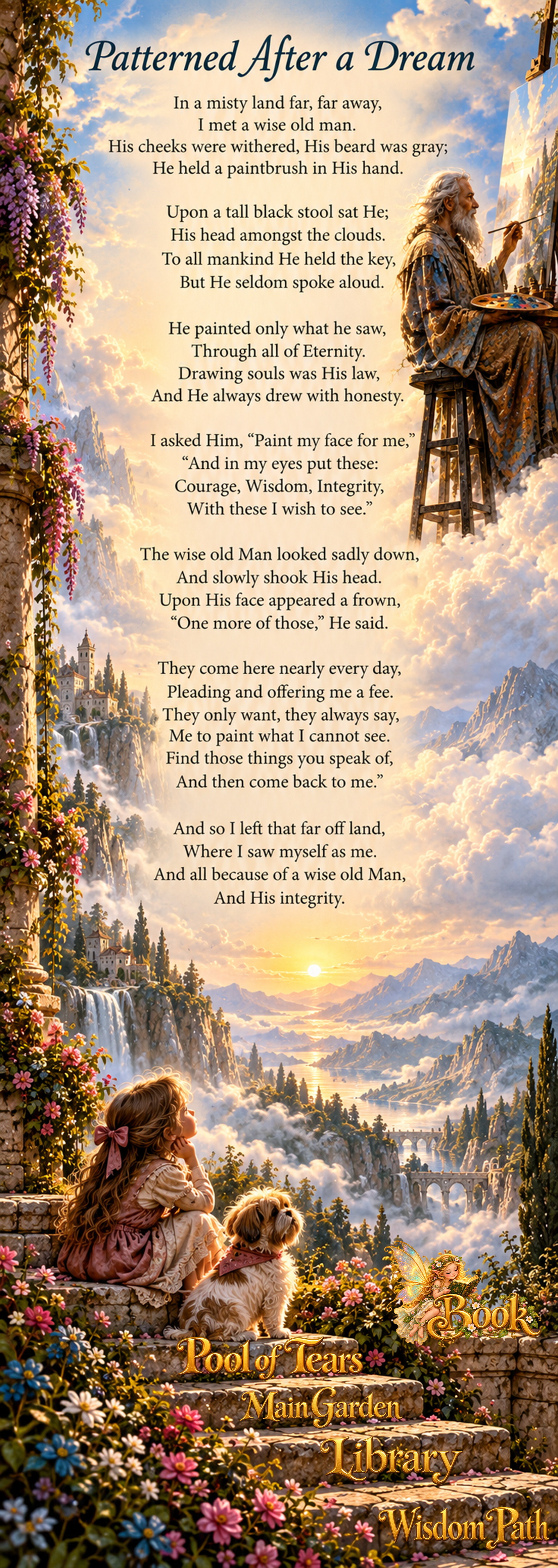 Patterned After a Dream, a contemplative poem by Kamal Rani illustrated with a wise painter among the clouds and a child with her dog overlooking a mountain landscape.
