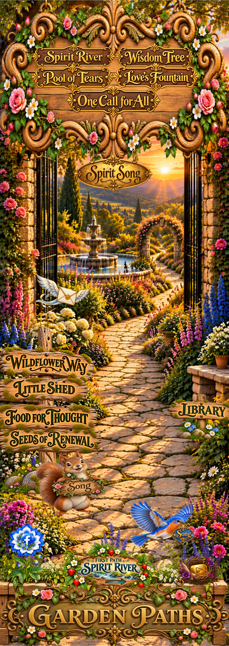 Garden Paths entrance with floral signs leading to spiritual reflections, songs, and garden destinations.