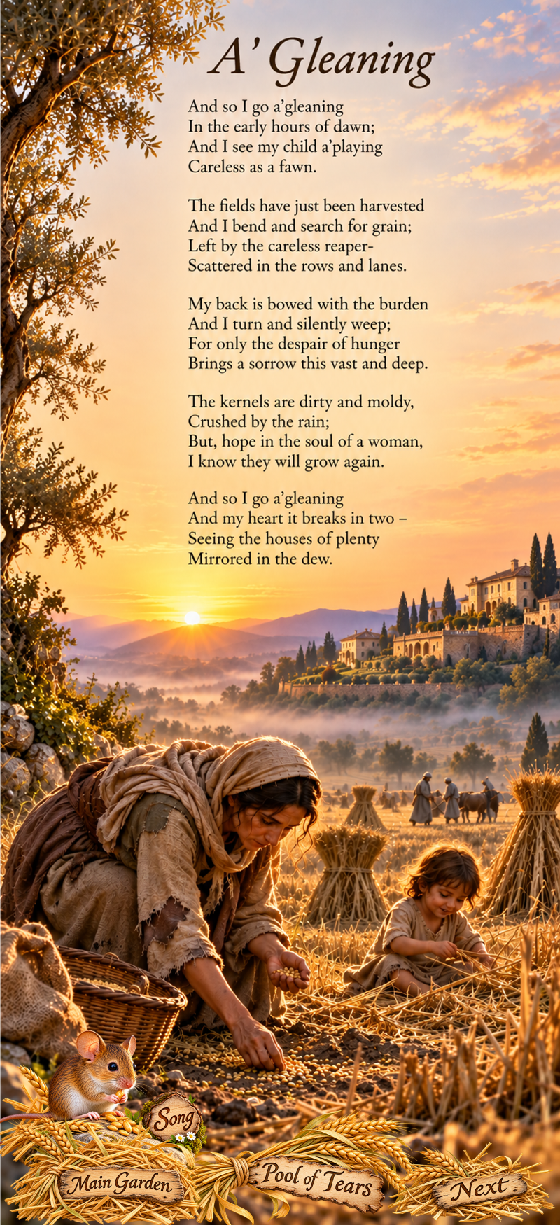 a'Gleaning, a poem by Kamal Rani, illustrated with a mother and child gathering grain after harvest.