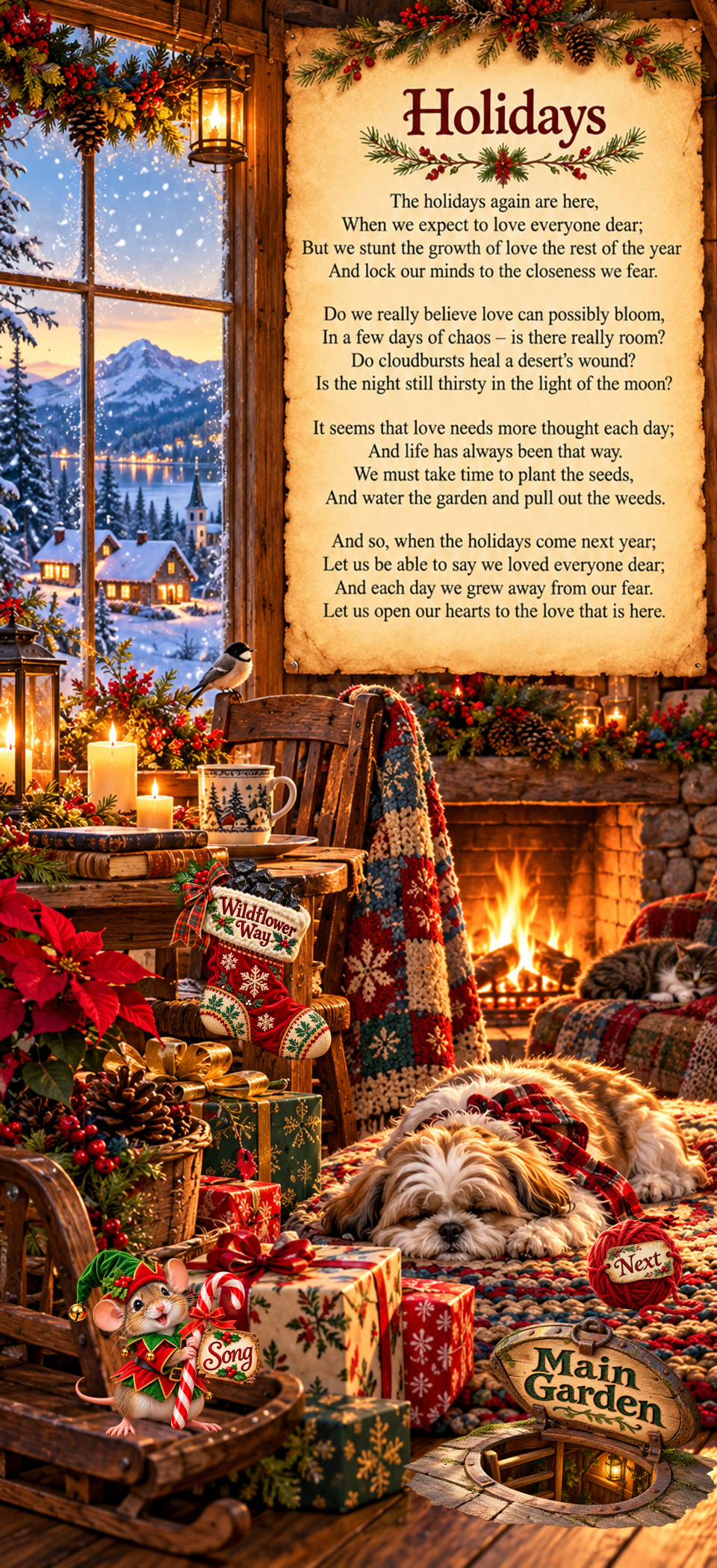 Holidays, a poem by Kamal Rani, illustrated in a warm Christmas room overlooking a snowy village.
