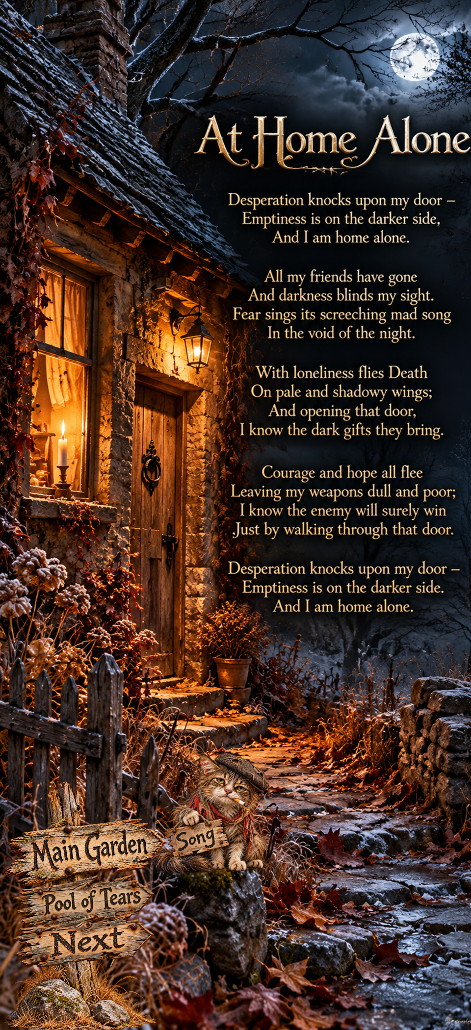 At Home Alone, a poem by Kamal Rani, illustrated beside a moonlit cottage with a cat and wooden navigation signs.