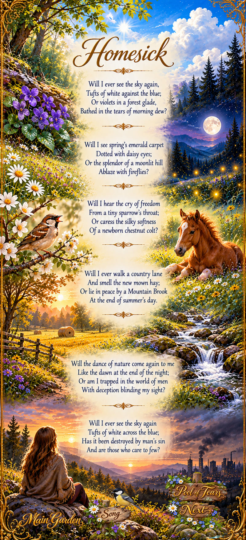 Homesick, a poem by Kamal Rani, presented in an illustrated garden landscape.