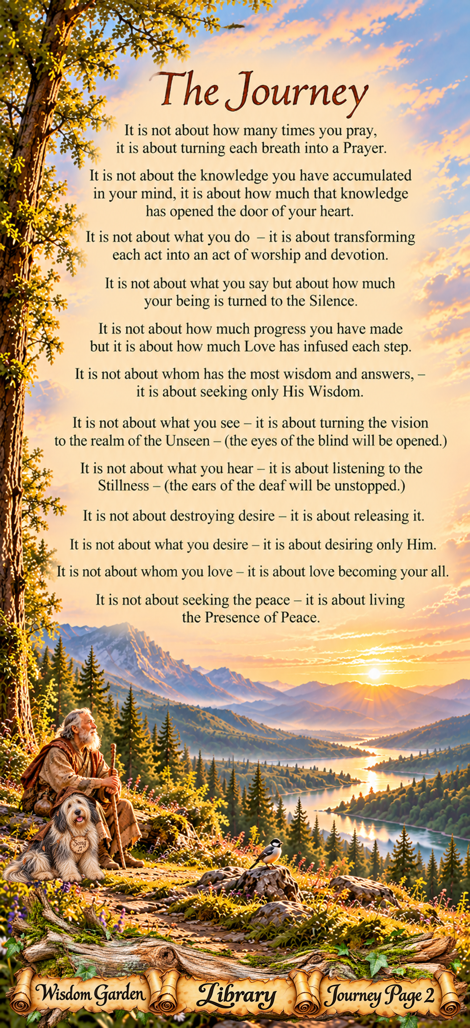 The Journey, reflections on Prayer, Love, Wisdom, Stillness, and the Presence of Peace, illustrated over a mountain landscape.