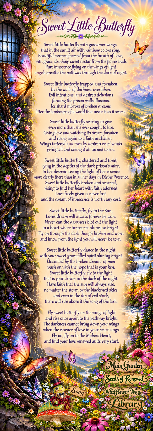 Sweet Little Butterfly, a spiritual poem by Kamal Rani illustrated with butterflies, flowers, darkness, and a sunlit river valley.
