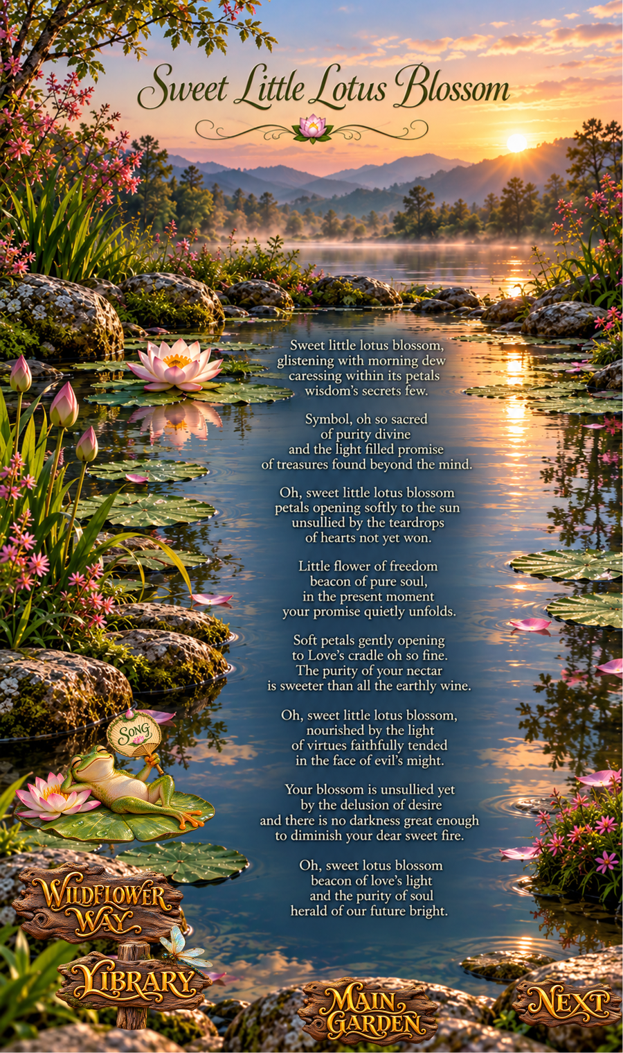 Sweet Little Lotus Blossom, a contemplative poem by Kamal Rani illustrated with lotus flowers beside a mountain lake