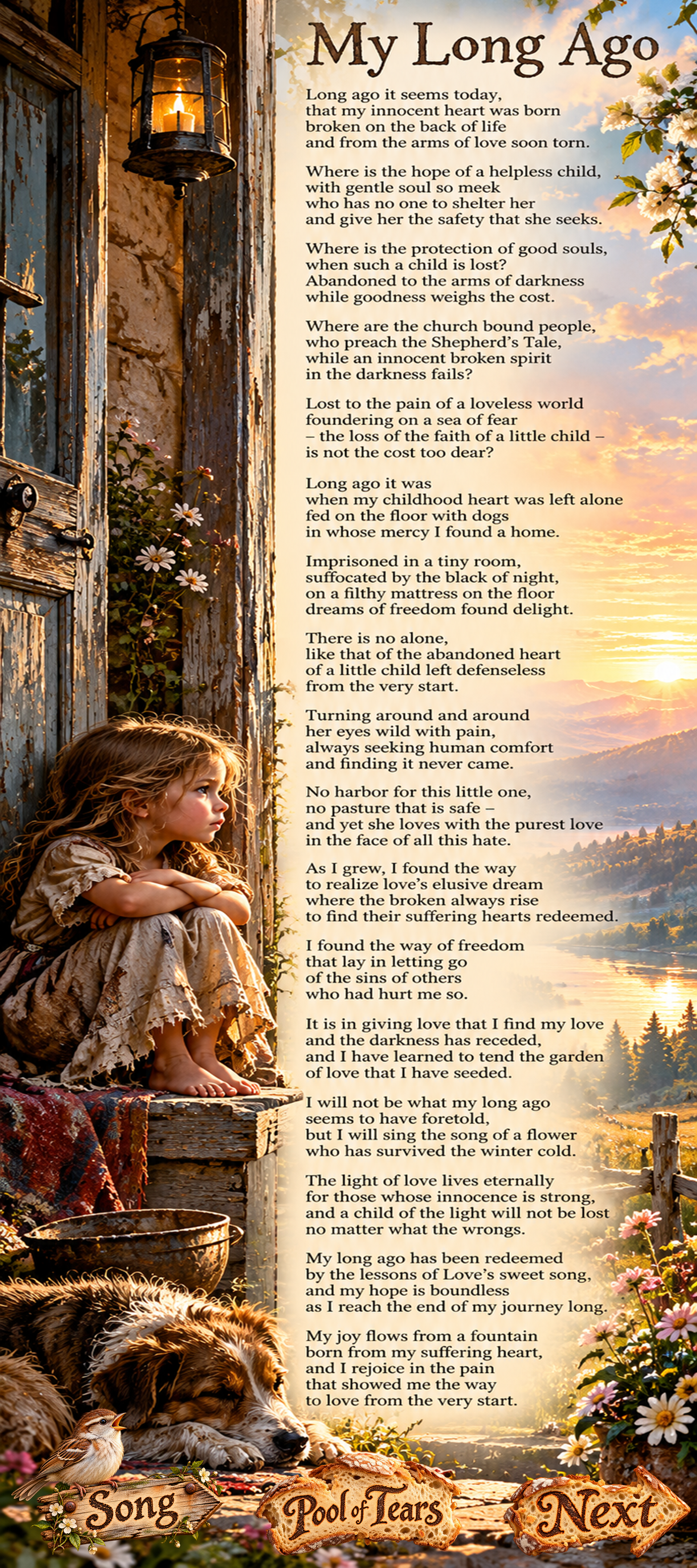 My Long Ago, a poem by Kamal Rani, illustrated with a child, a resting dog, flowers, and a sunset landscape.