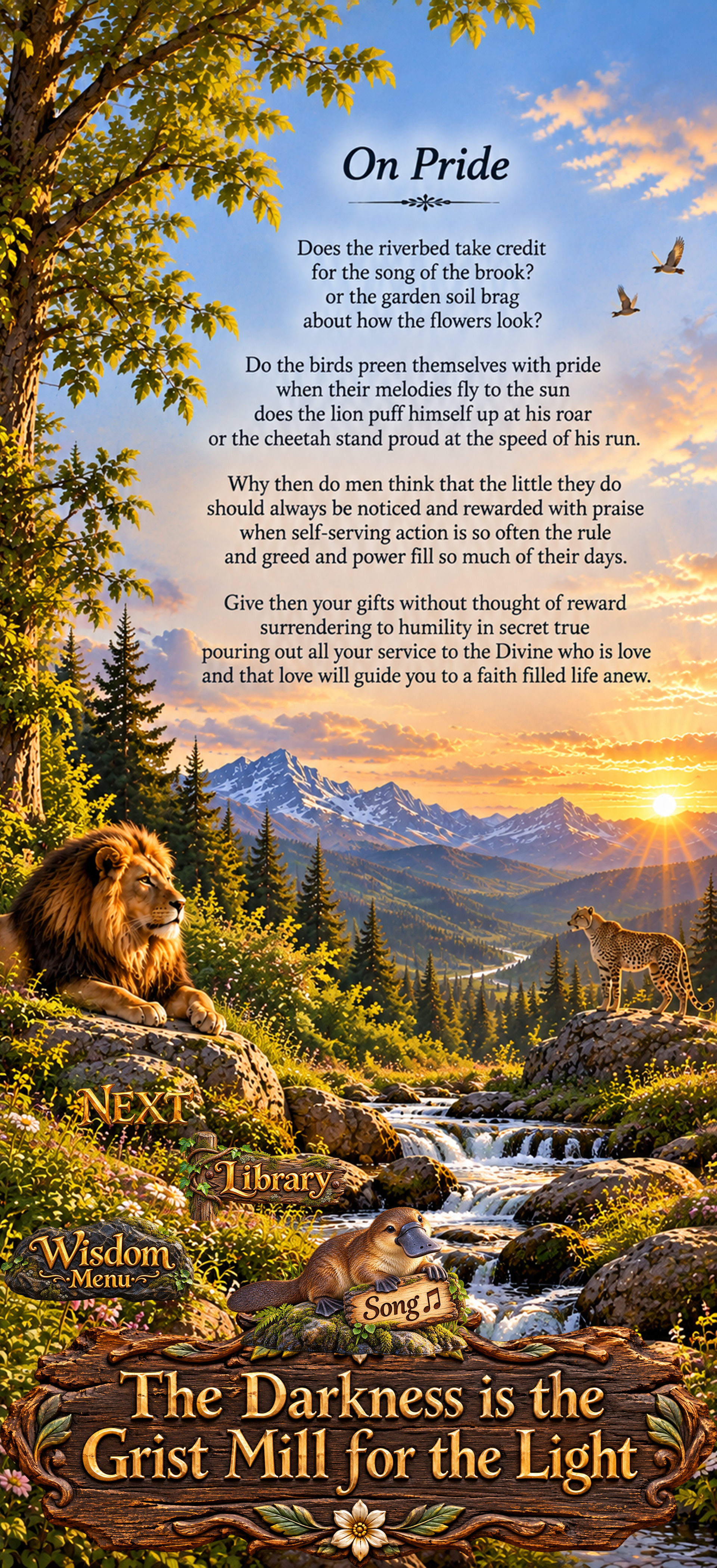 On Pride, a contemplative poem by Kamal Rani illustrated in a mountain landscape with a lion, cheetah, stream, and platypus