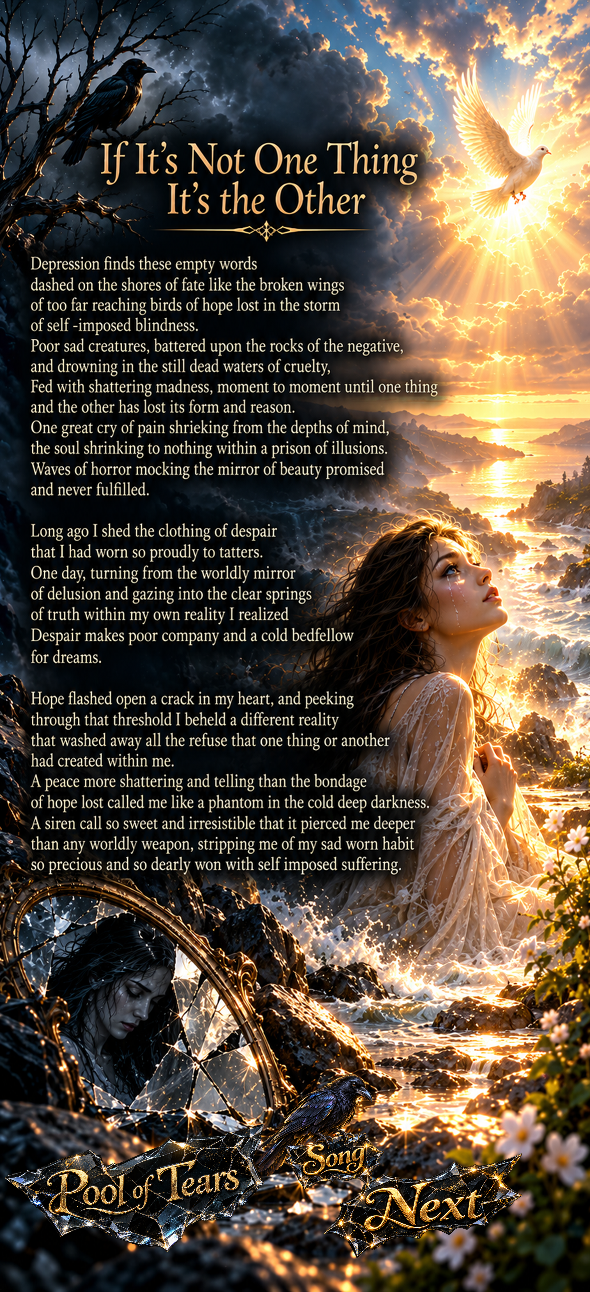 If It’s Not One Thing It’s the Other, a mystical reflection by Kamal Rani illustrated with storm clouds, a white dove, a raven, and a woman finding hope beside the sea.