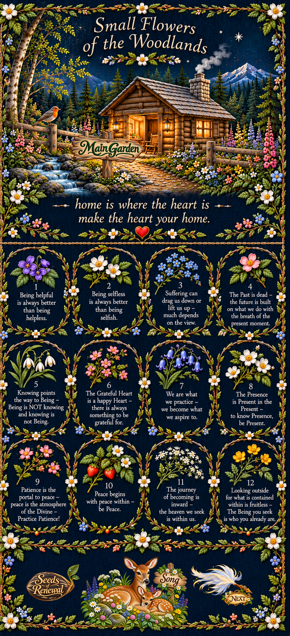 Seeds of Renewal — Woodland Seed Packet No. 1, with twelve contemplative seeds by Kamal Rani in an embroidered woodland garden.