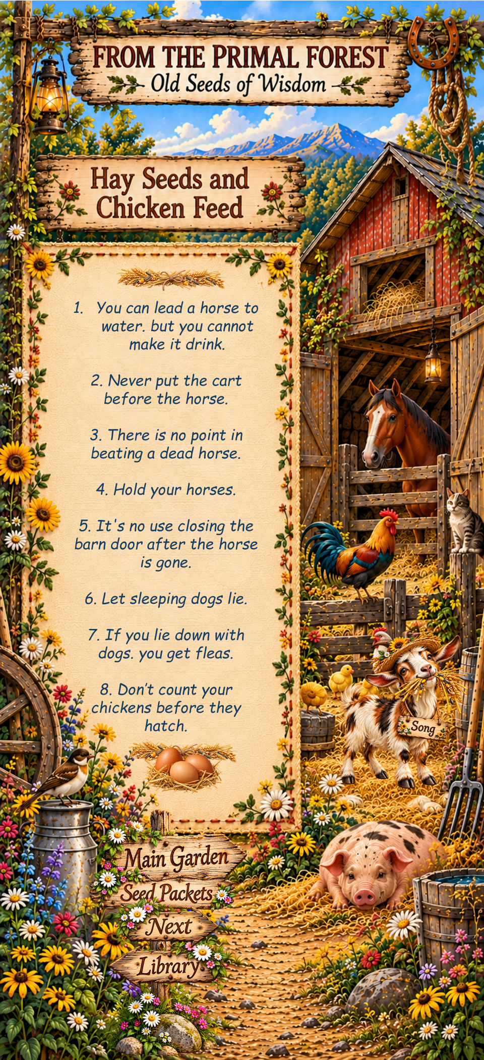 Hay Seeds and Chicken Feed — Old Seeds of Wisdom, with eight old adages in an illustrated farm scene.