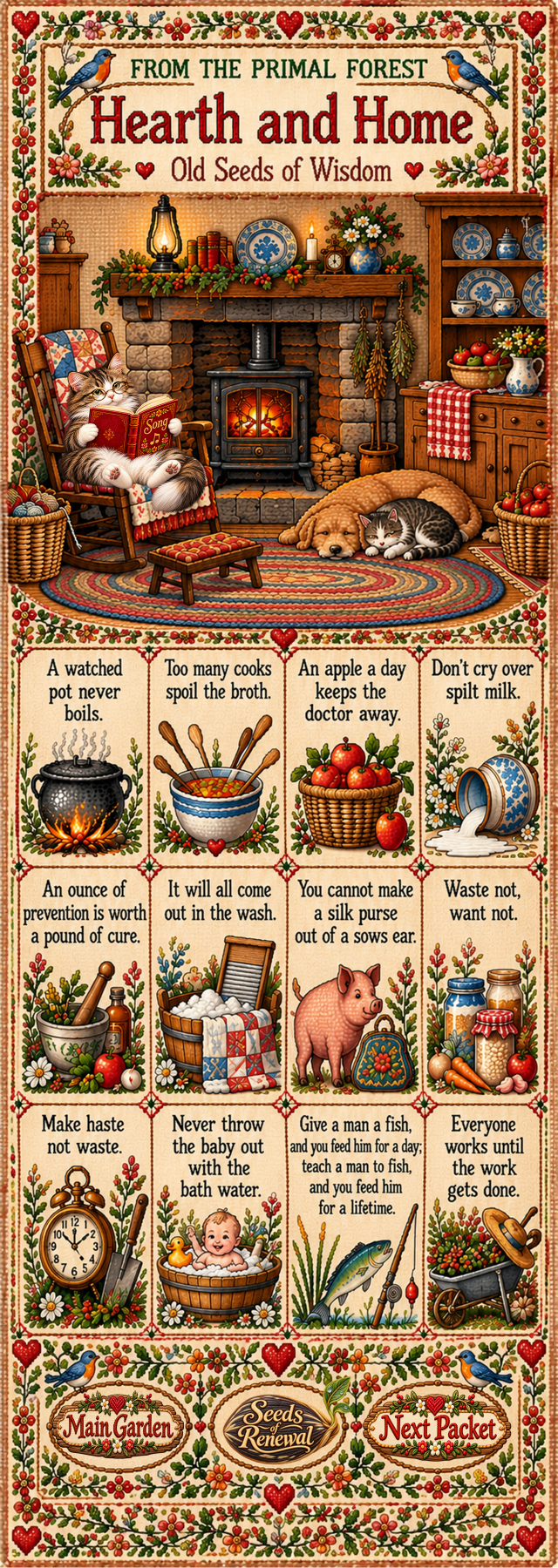 Hearth and Home — Old Seeds of Wisdom, an embroidered sampler of traditional household sayings.