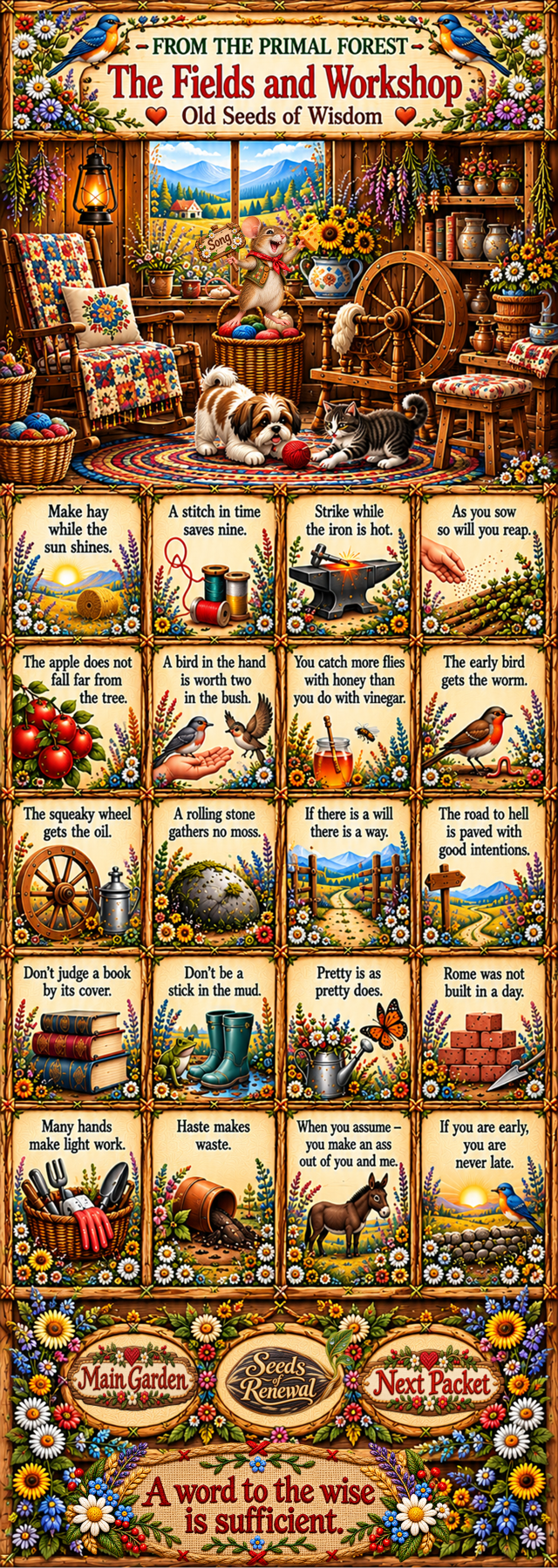 The Fields and Workshop — Old Seeds of Wisdom, with twenty illustrated traditional sayings.