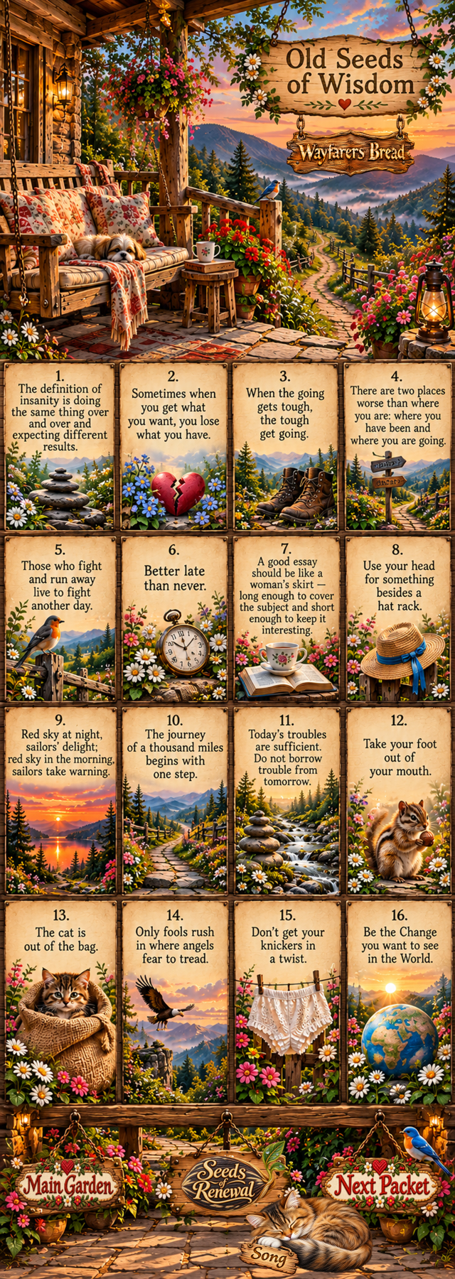 Wayfarers Bread — Old Seeds of Wisdom, with sixteen illustrated sayings along a winding mountain path.