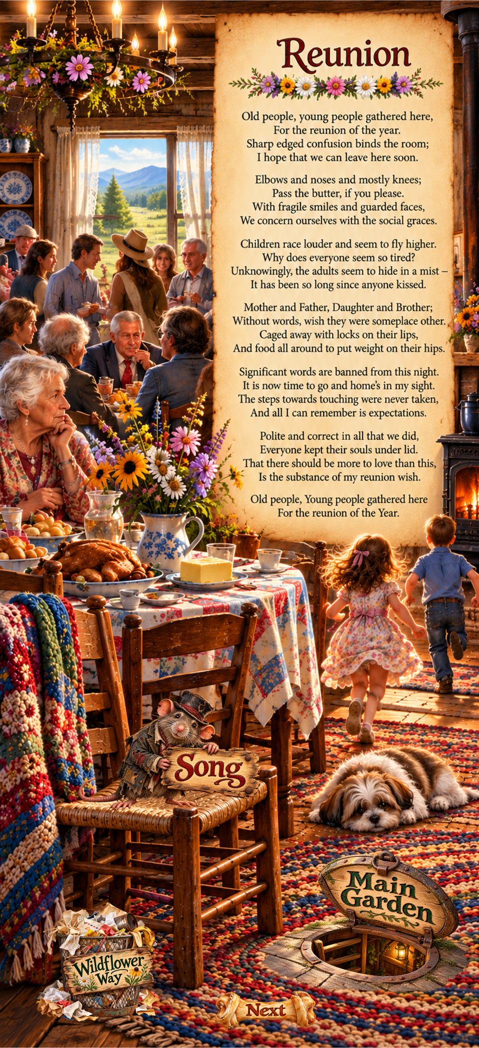 Reunion, a poem by Kamal Rani, illustrated as a family gathering in a warm country home.