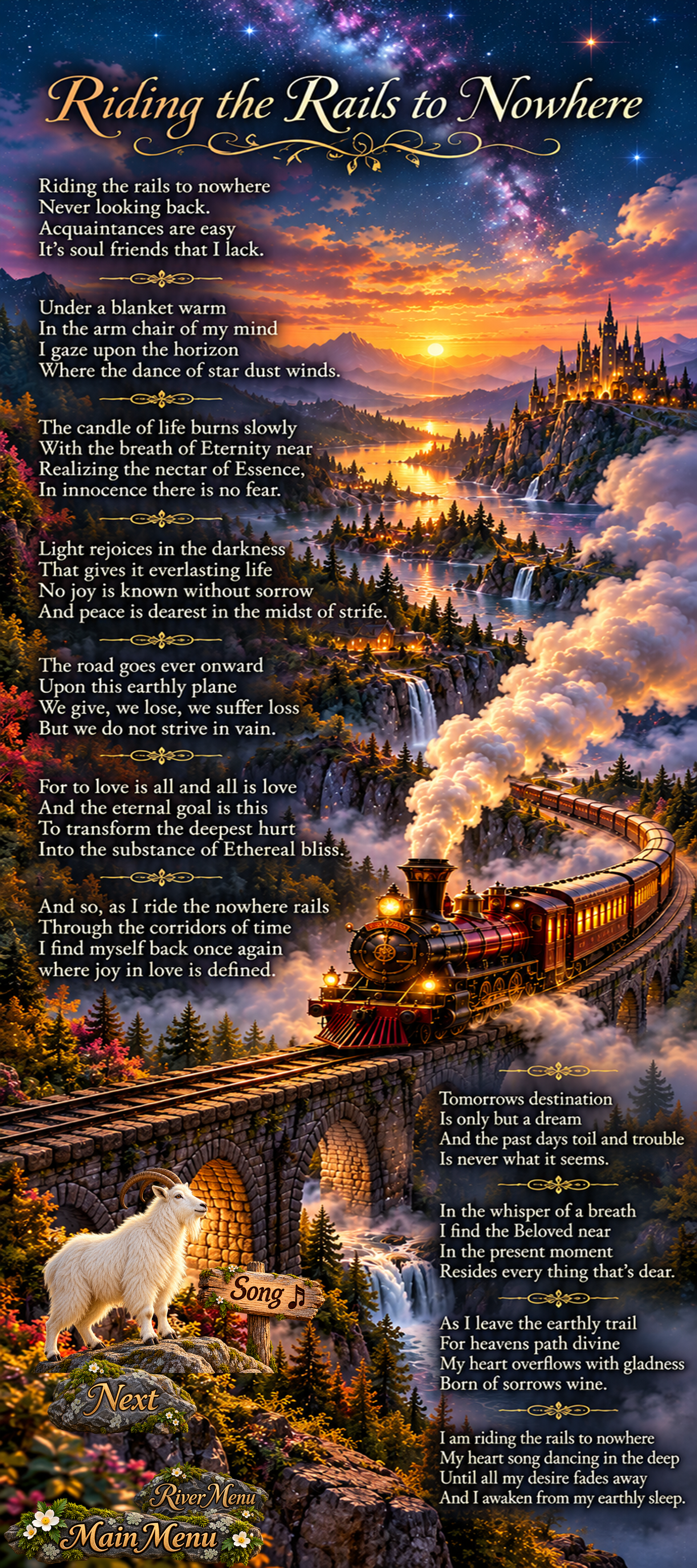 Riding the Rails to Nowhere, a contemplative poem by Kamal Rani illustrated with a steam train traveling through a luminous mountain landscape