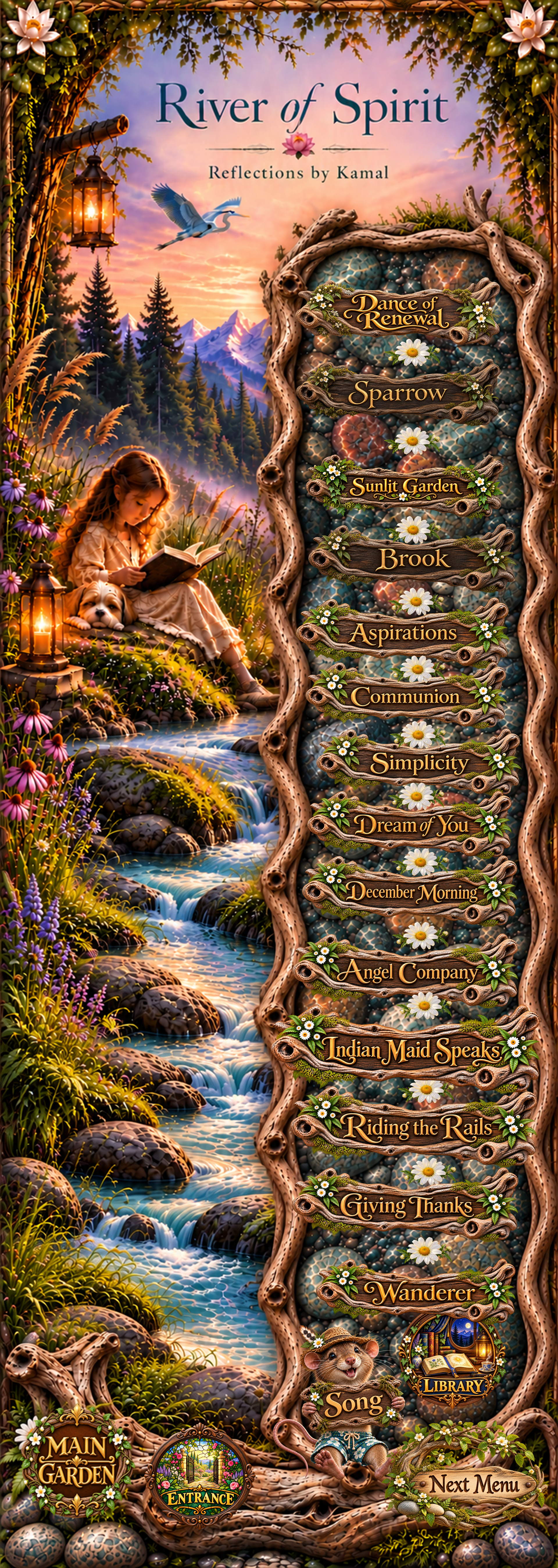 River of Spirit — Reflections by Kamal, a contemplative poetry menu set beside a flowing woodland stream