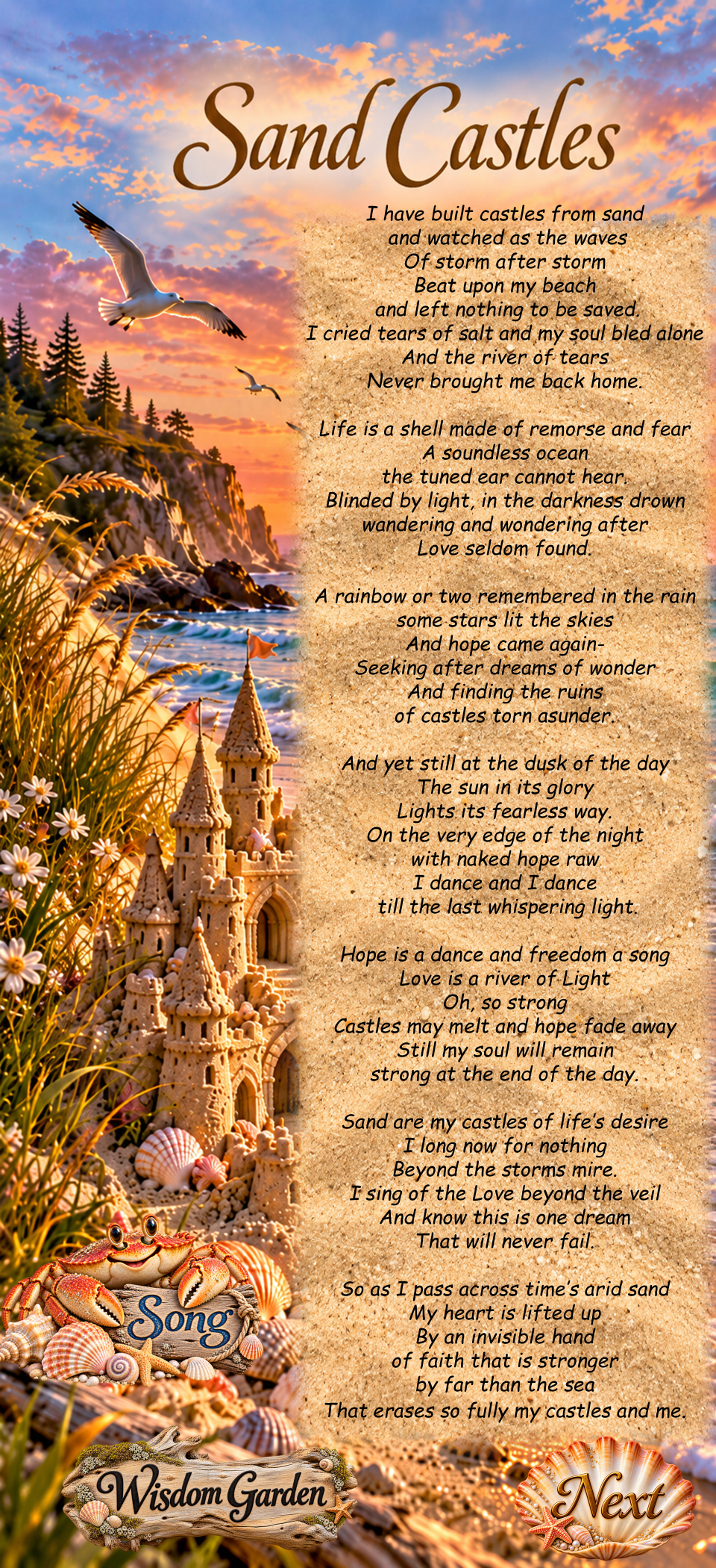 Sand Castles, a poem by Kamal Rani, illustrated with a sunset beach, sand castle, seabirds, shells, and navigation signs.