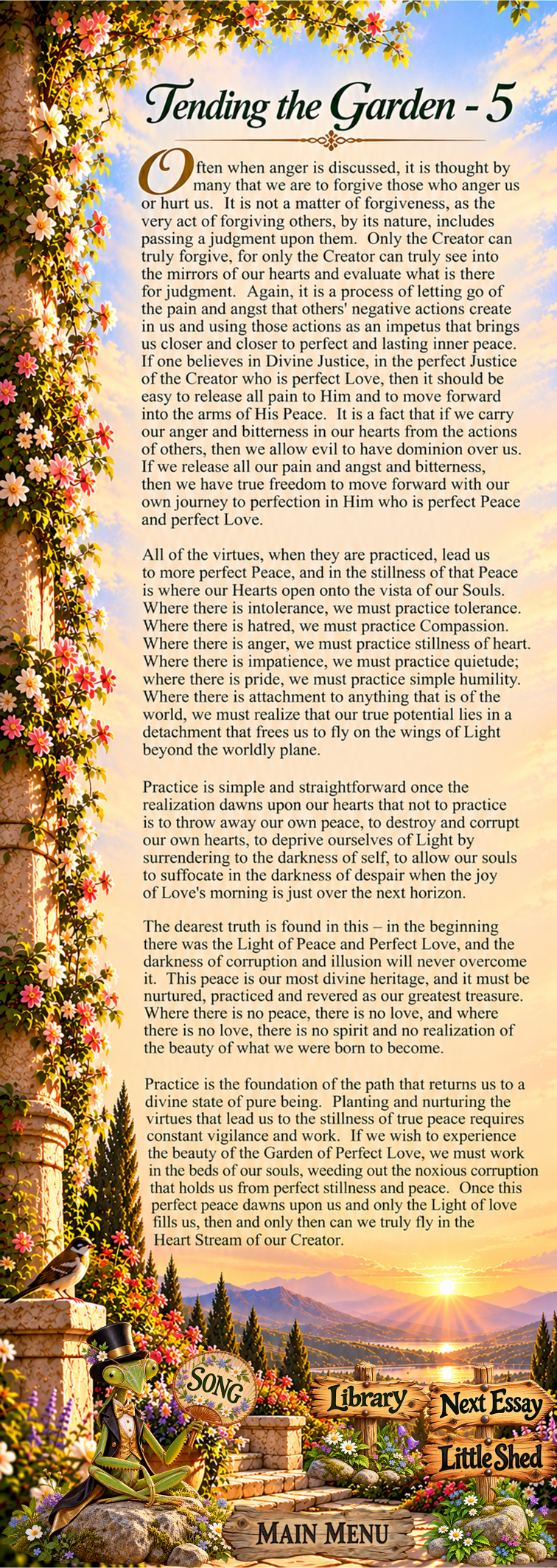 Tending the Garden of the Soul, Page Five, a reflection on releasing anger, cultivating spiritual virtues, patience, inner Peace, and Divine Love.
