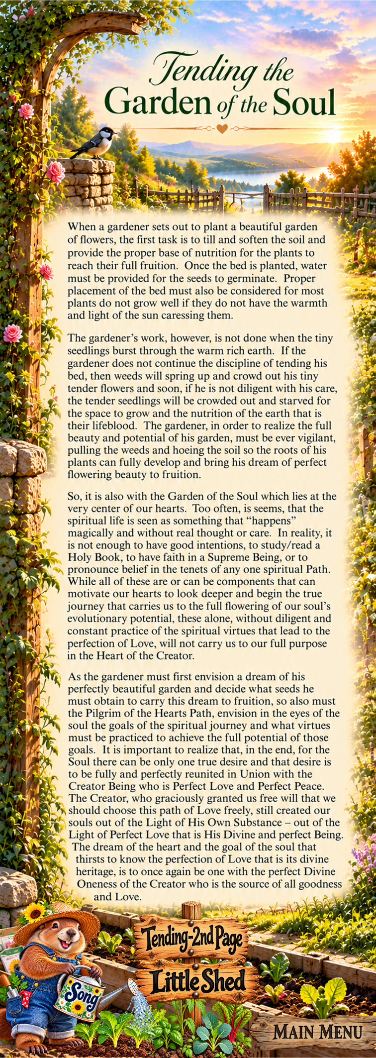 Tending the Garden of the Soul, a spiritual reflection by Kamal Rani illustrated with a gardener, flowers, a sunlit valley, and garden navigation signs.