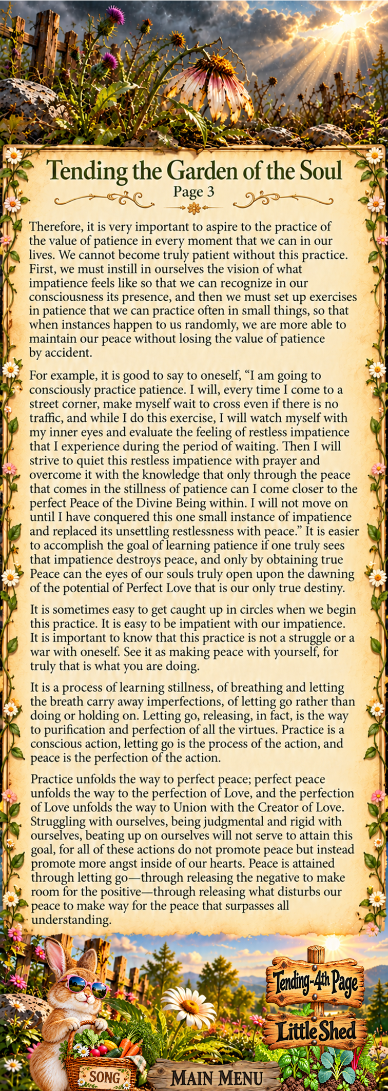 Tending the Garden of the Soul, Page 3, a meditation on patience, mindful practice, inner peace, and Divine Love.