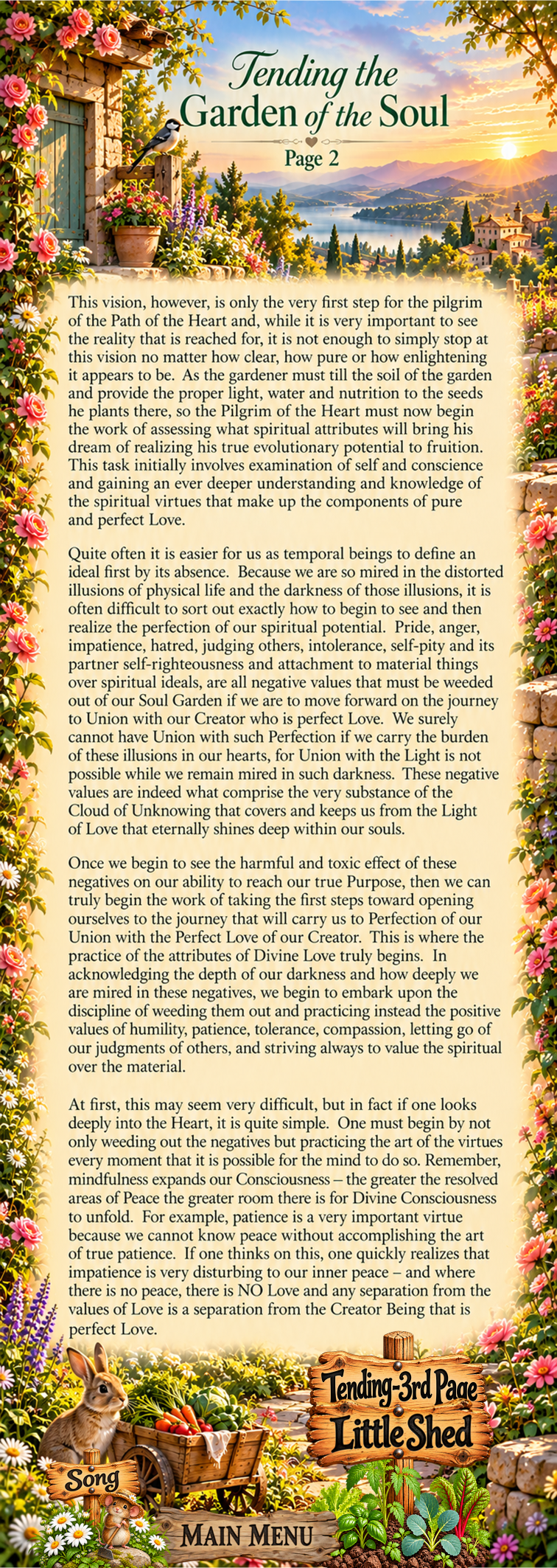 Tending the Garden of the Soul, Page 2, a spiritual reflection illustrated with a flower-filled garden, a sunlit valley, a rabbit, and wooden navigation signs.