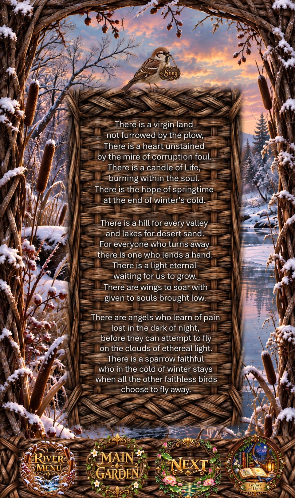 Sparrow poem in a snowy riverside garden