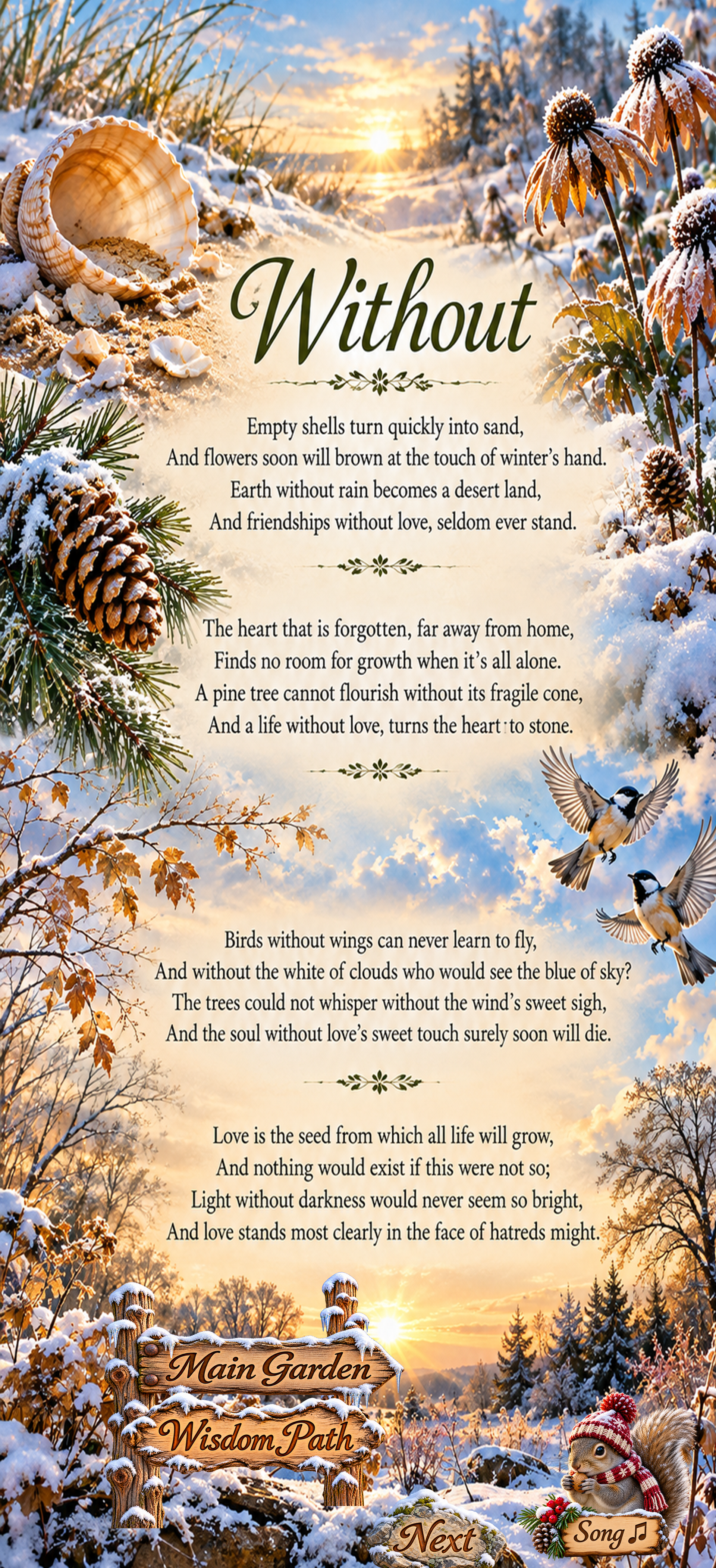 Without, a contemplative poem by Kamal Rani presented in a peaceful winter landscape