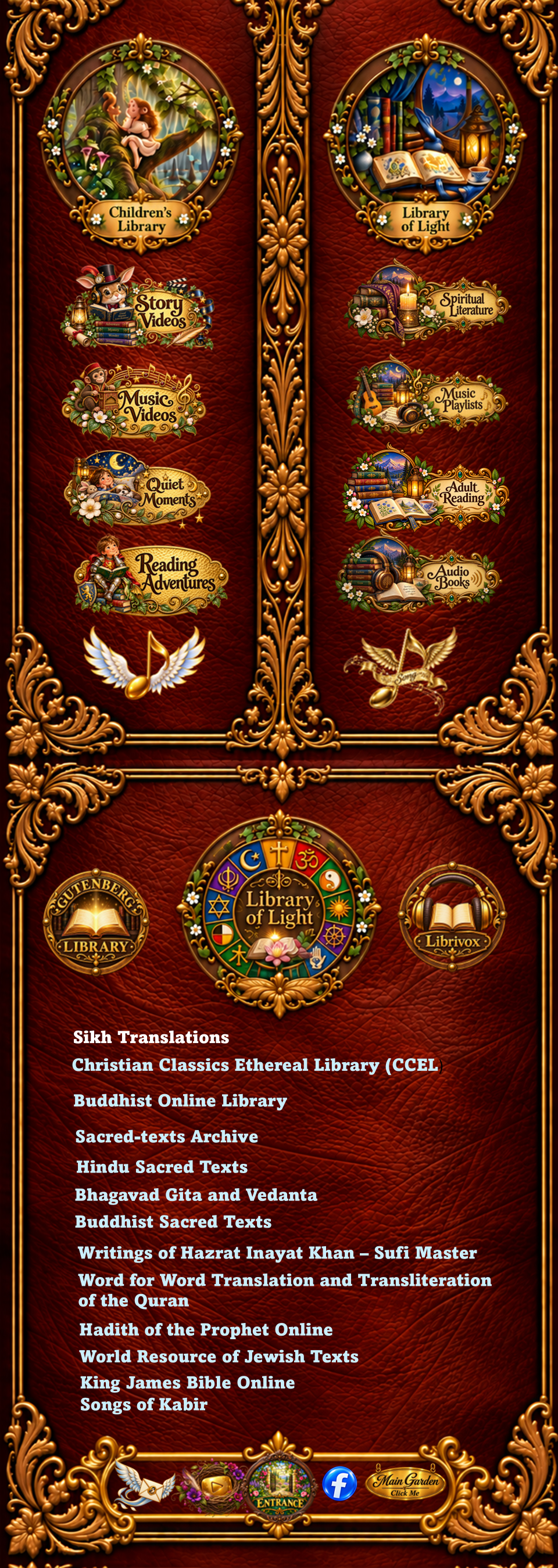 Library of Light, a decorated library menu with resources for children and adults