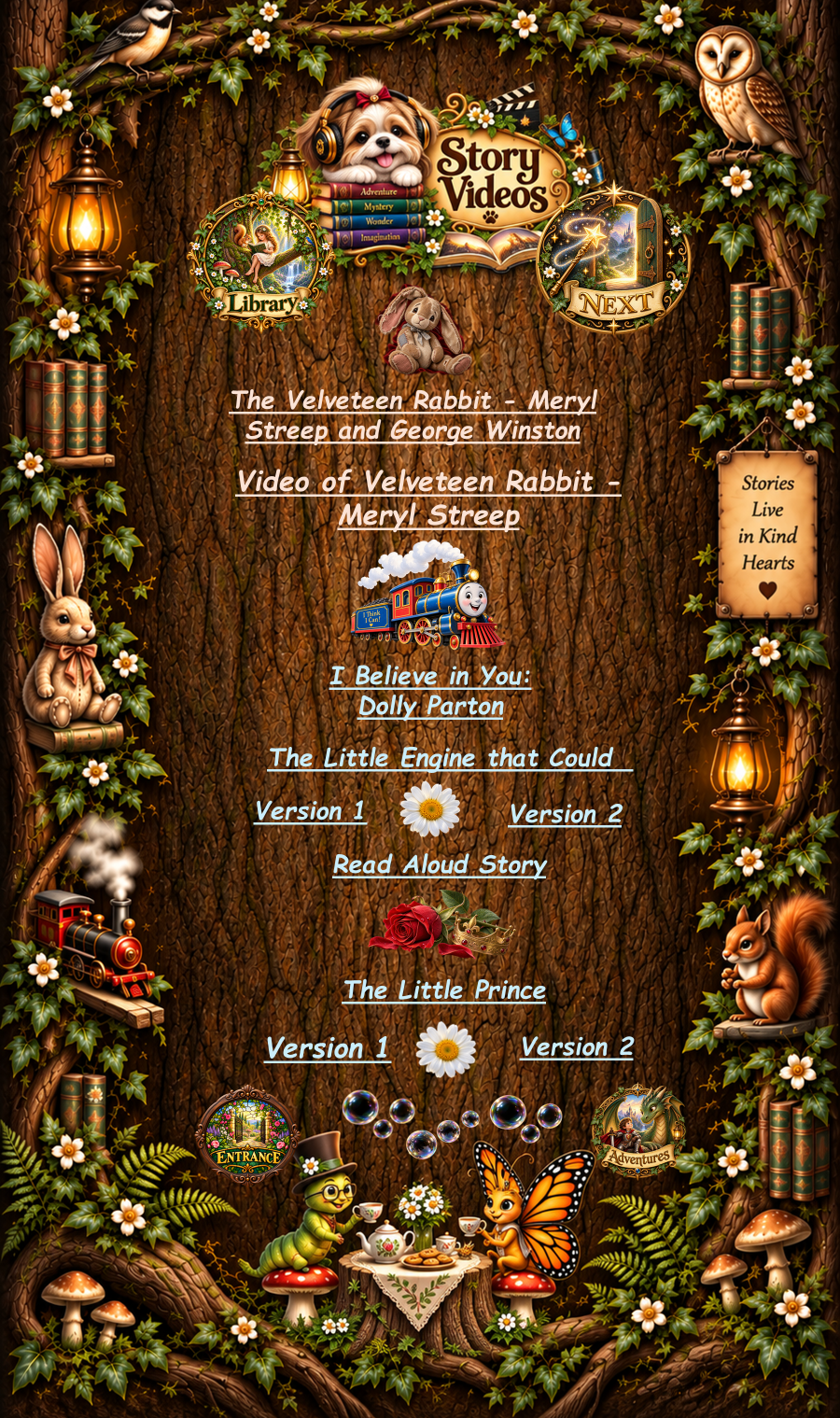 Betty Bot’s Tea House Story Videos: The Velveteen Rabbit, The Little Engine that Could, and The Little Prince, surrounded by woodland artwork.